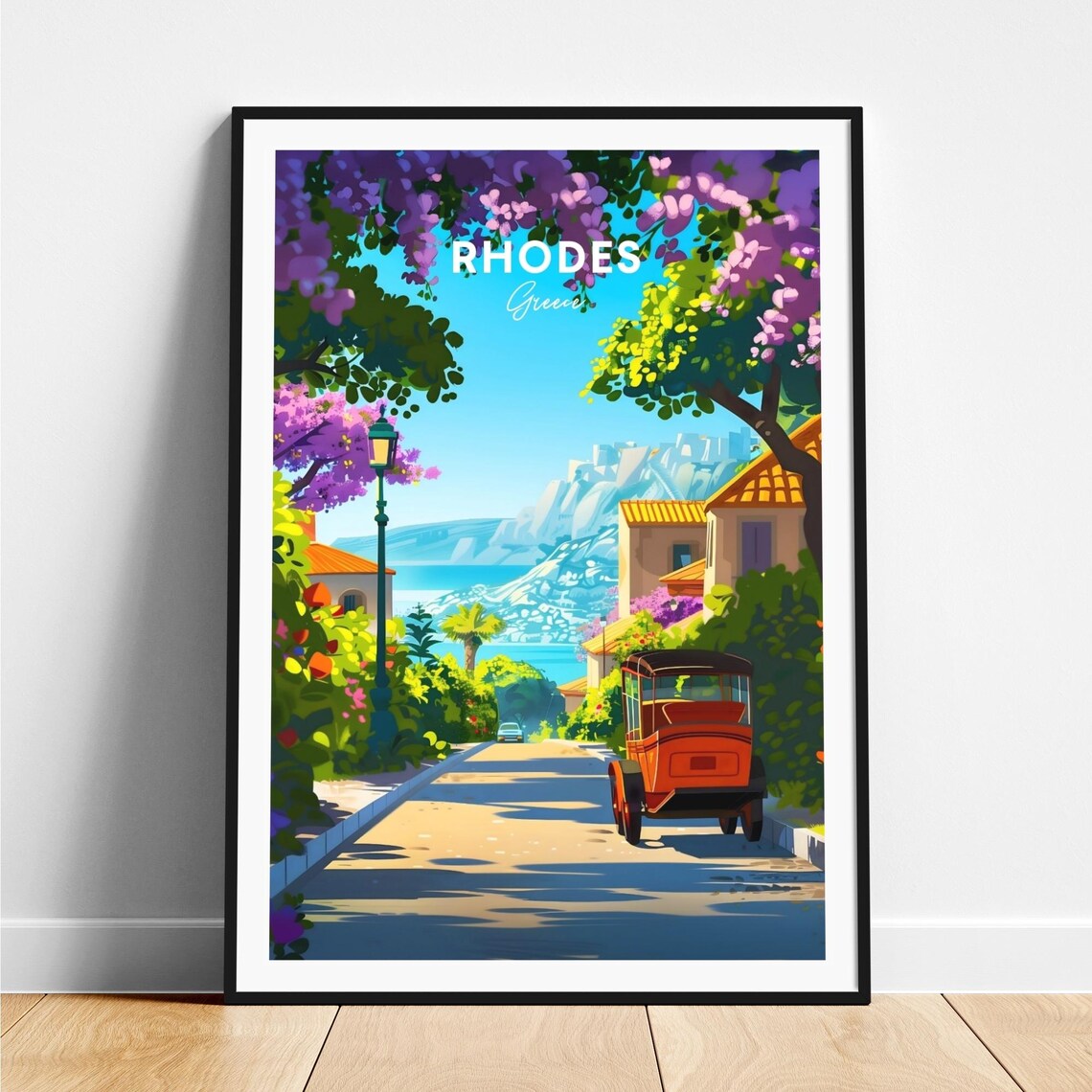 Rhodes Greece Flower Street Vintage Car Sea View Travel Poster