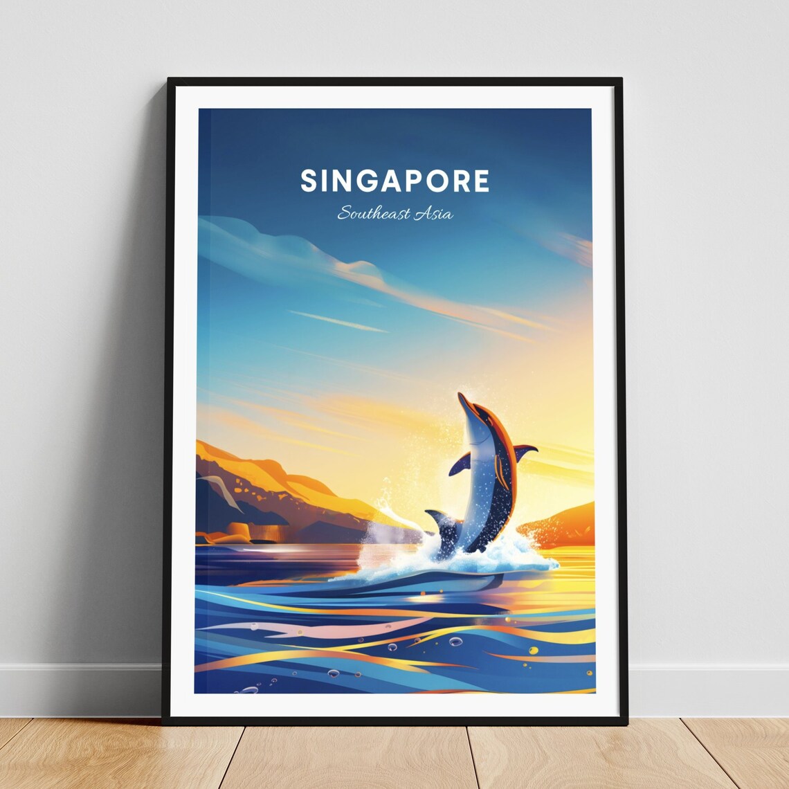 Singapore Dolphin Leaping At Sunset Ocean Waves Vintage Travel Poster
