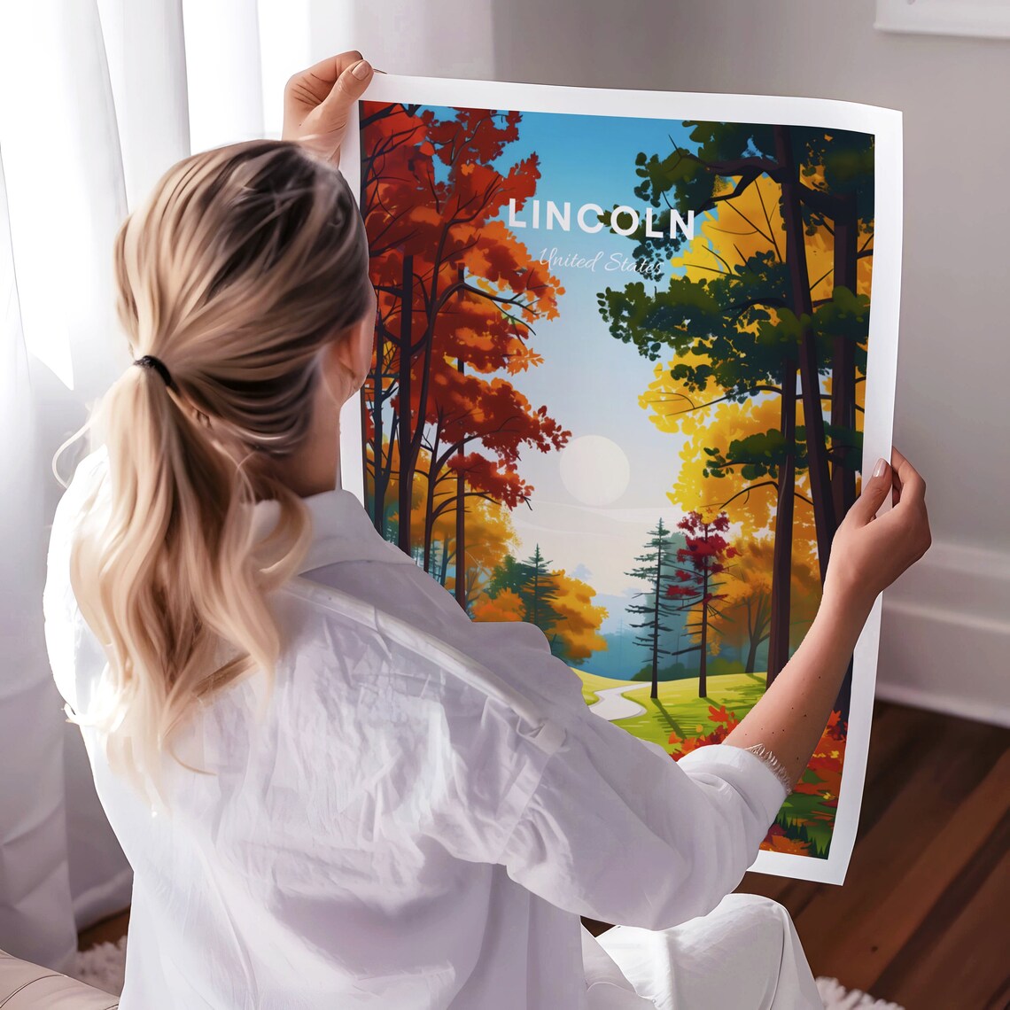 Lincoln United States Autumn Forest Path Fall Foliage Travel Poster - Image 3