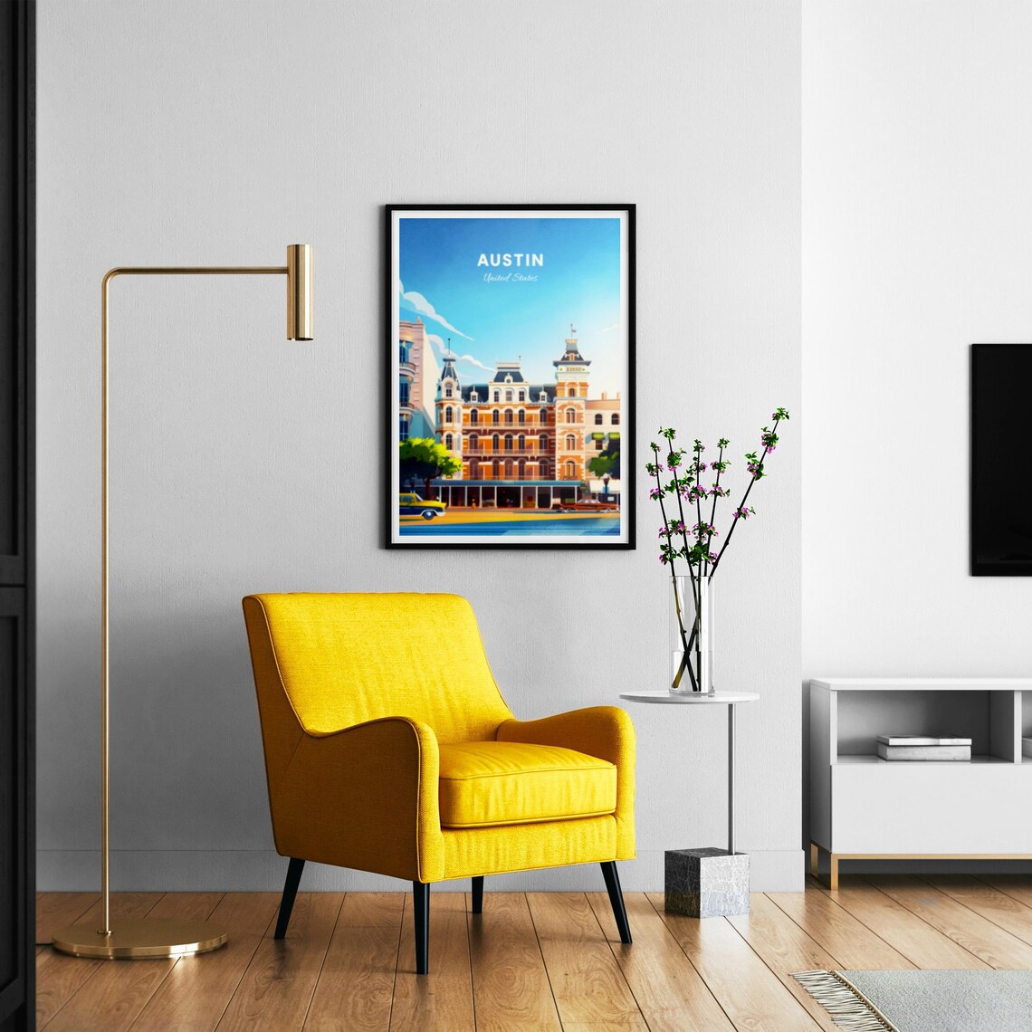 Sunny Austin Texas Historic Hotel Facade with Vintage Cars Poster - Image 3