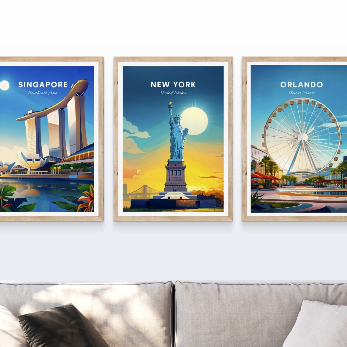 New York Statue of Liberty Sunset Bridge Sky Vintage Travel Poster - Image 4