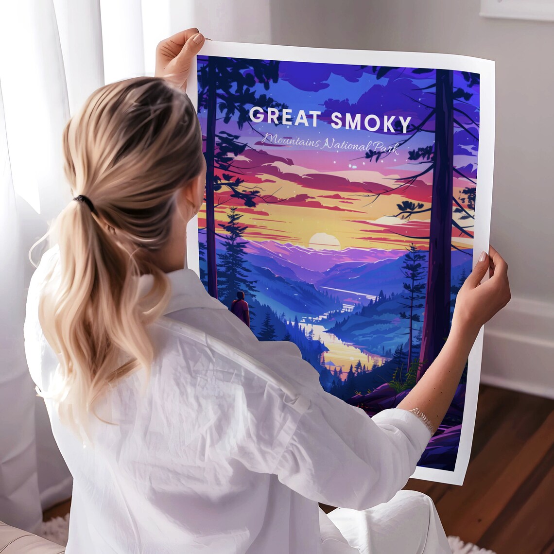Great Smoky Mountains Hiker Sunset Valley Overlook Travel Poster - Image 3