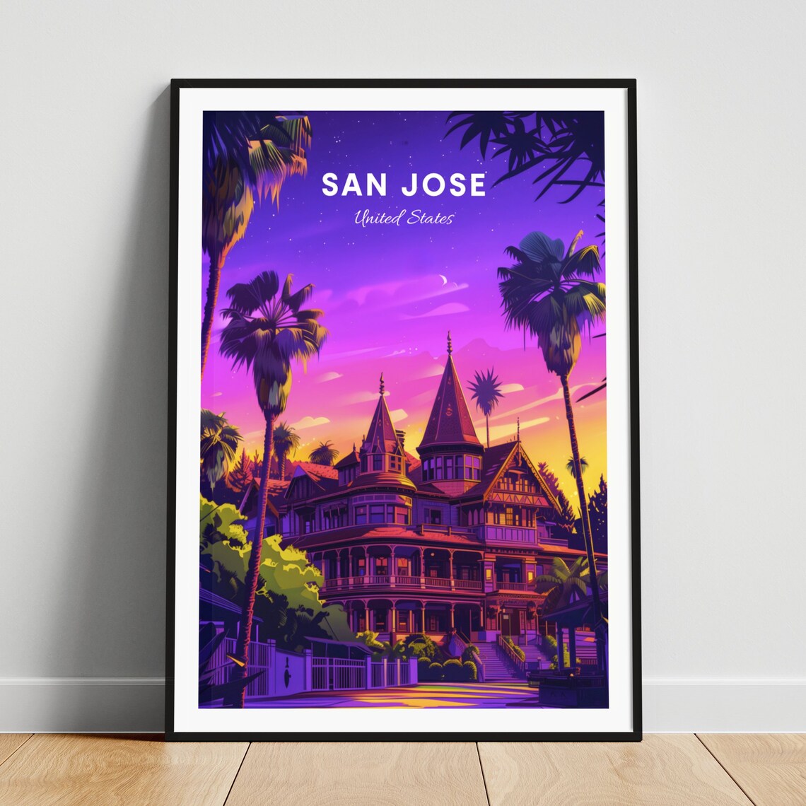 San Jose Victorian Mansion Purple Dusk Palm Trees Travel Poster
