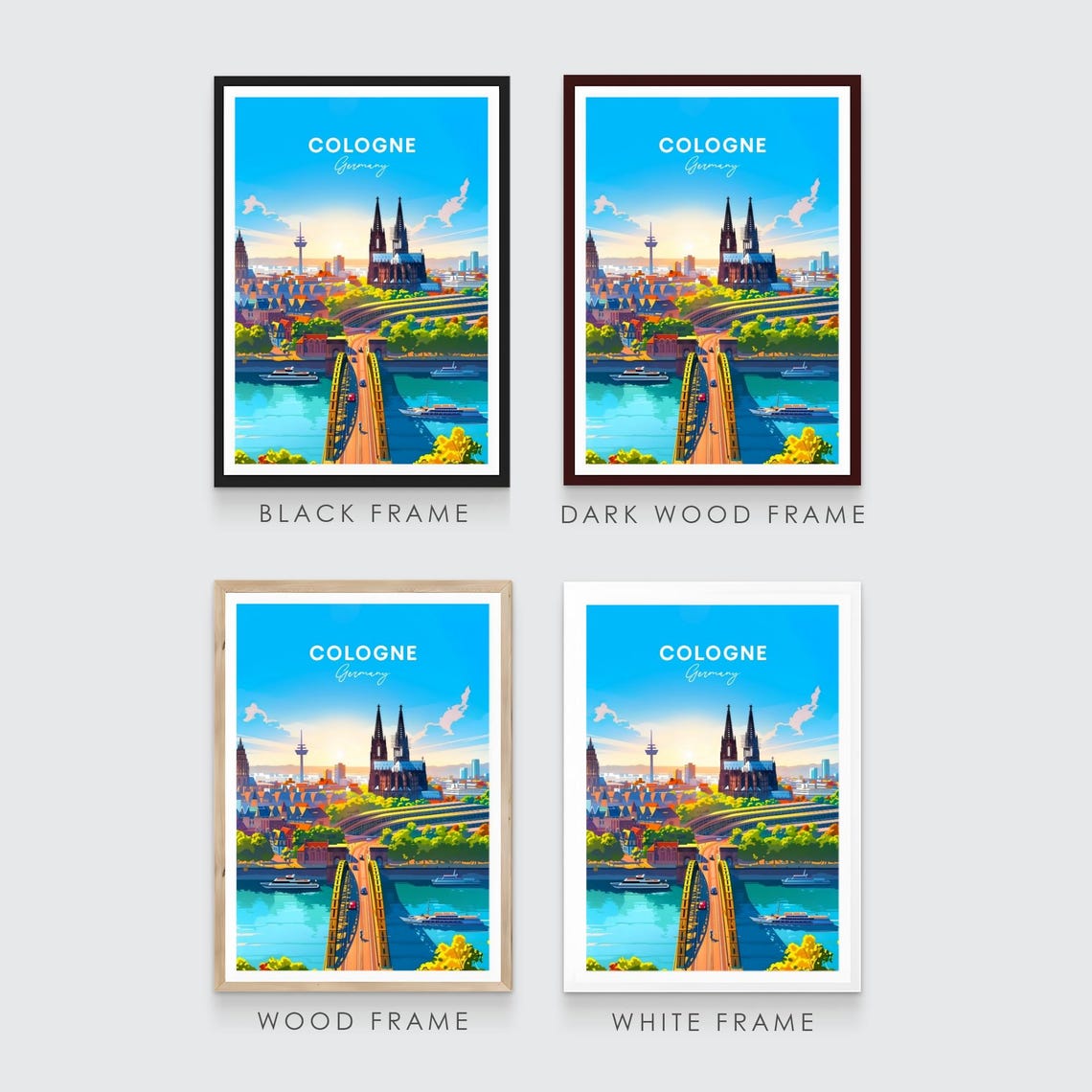 Cologne Cathedral Twin Spires Rhine Bridge Sunny Travel Poster - Image 3