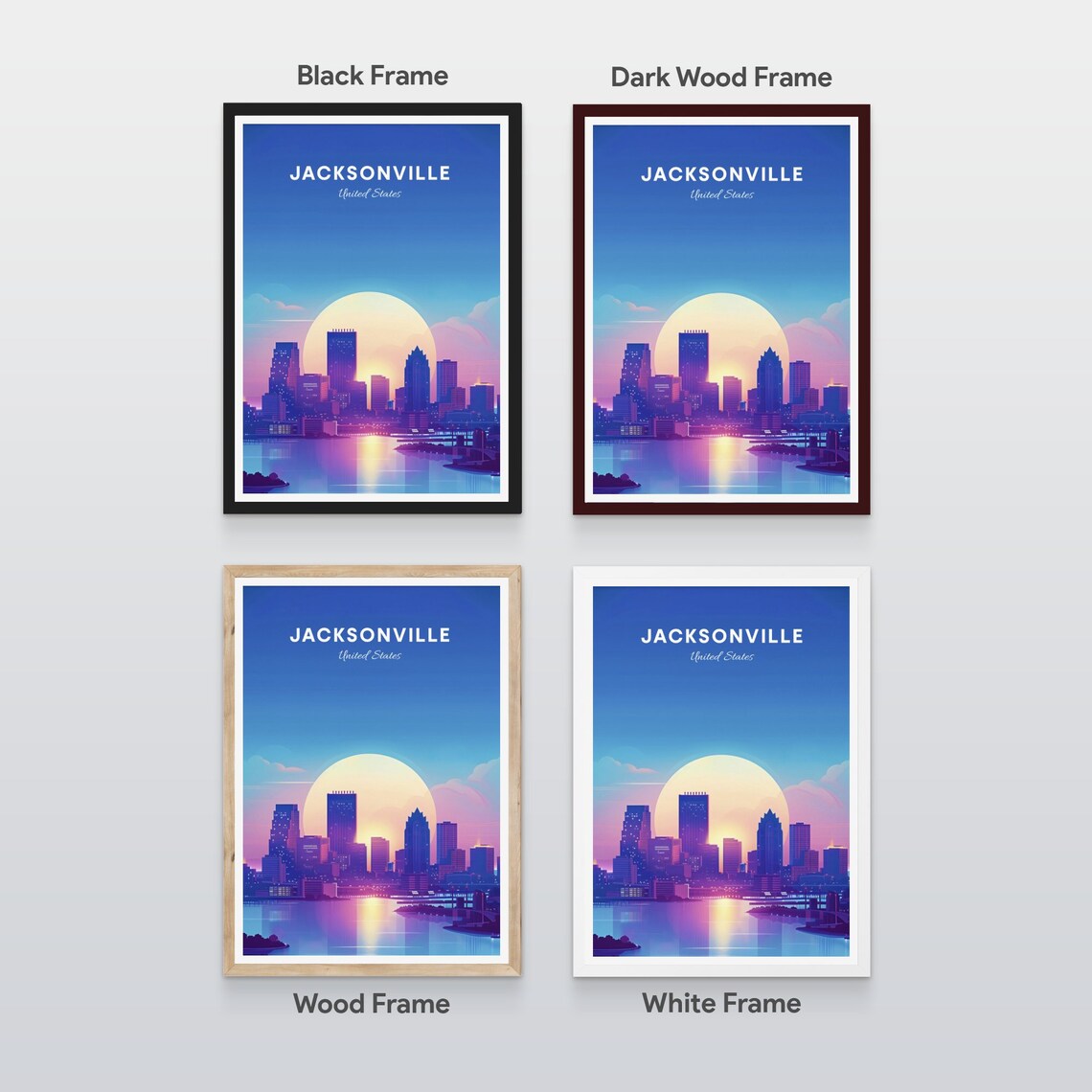 Jacksonville Florida Sunset Skyline over Water Travel Poster - Image 2