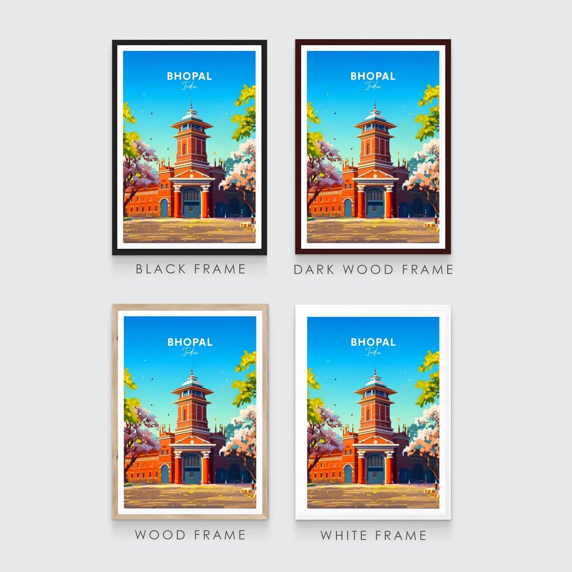 Bhopal Red Brick Heritage Tower Blossoms India Travel Poster - Image 3