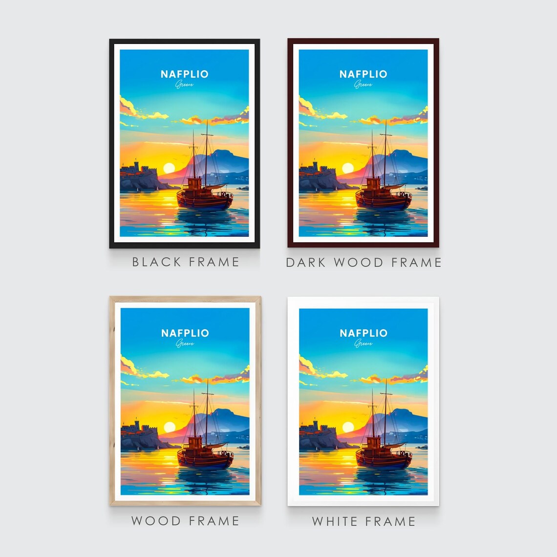 Nafplio Greece Golden Sunset Tall Ship Castle Coast Travel Poster - Image 3