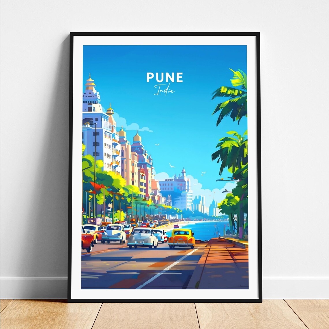 Sunny Pune India Palm Lined Street to the Sea Vintage Cars Poster