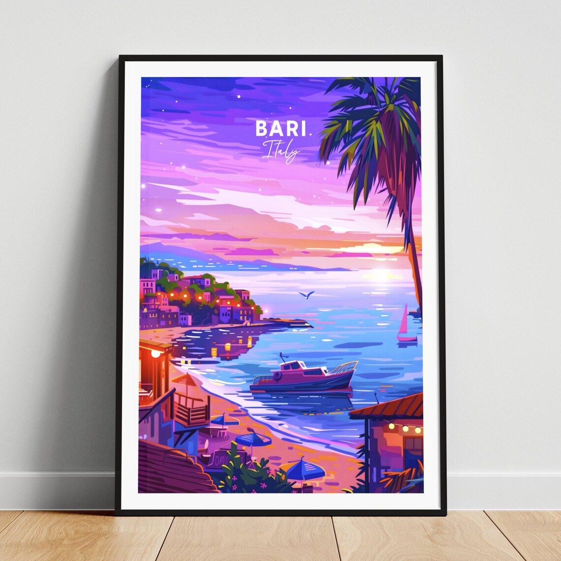 Bari Italy Coastal Sunset Beach Palm Tree Twilight Travel Poster