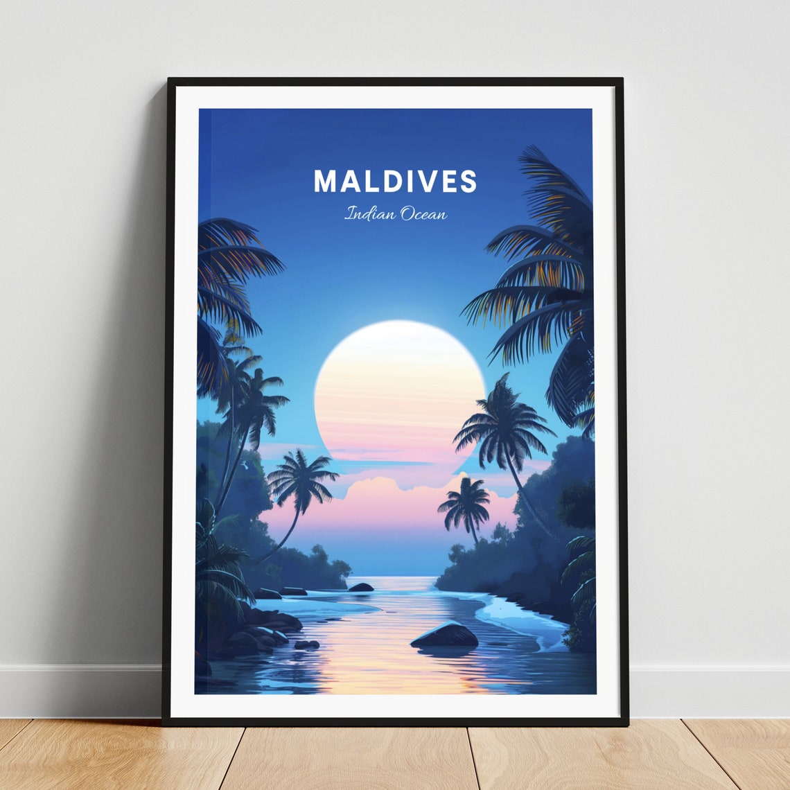 Maldives Indian Ocean Twilight Lagoon Palms Sunset Travel Poster