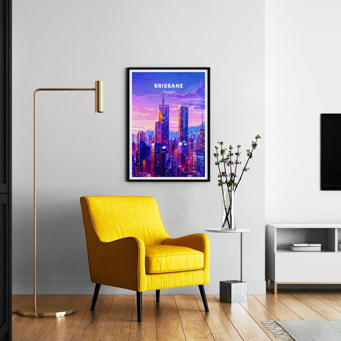 Brisbane Australia Twilight Skyline Neon City Lights Art Poster - Image 2
