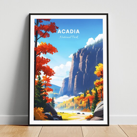 Acadia National Park Autumn Foliage Cliffs Shoreline View Poster Art