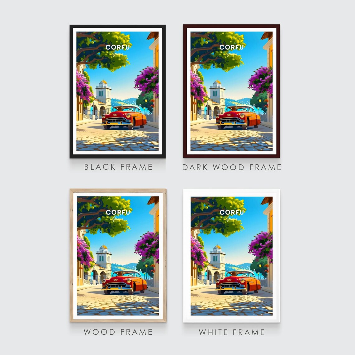 Corfu Greece Classic Red Car Cobblestone Street Travel Poster - Image 3