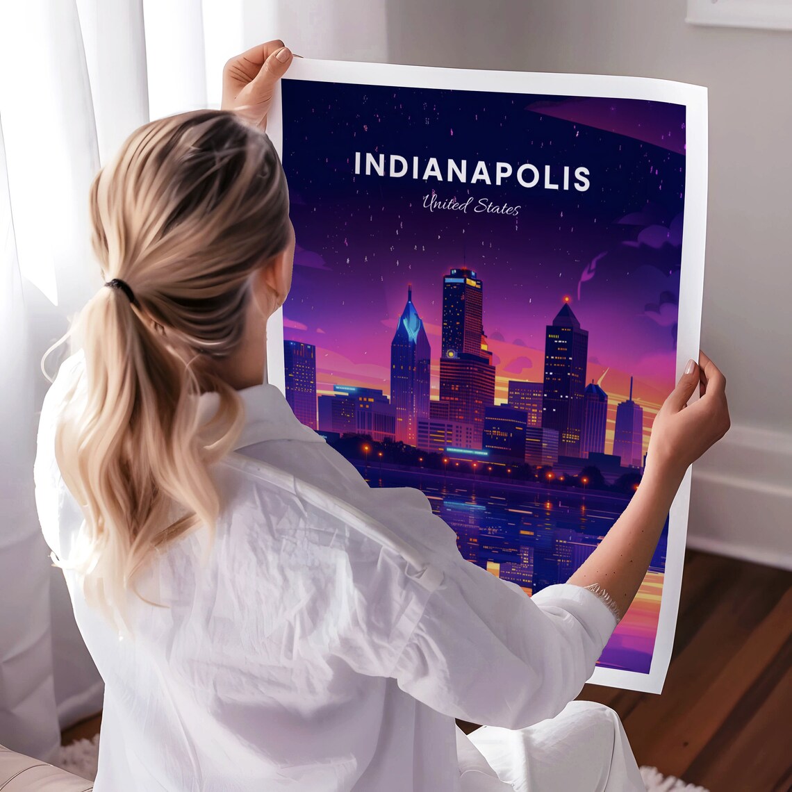 Indianapolis Indiana Night Skyline River Reflection Neon Glow Poster - Image 3