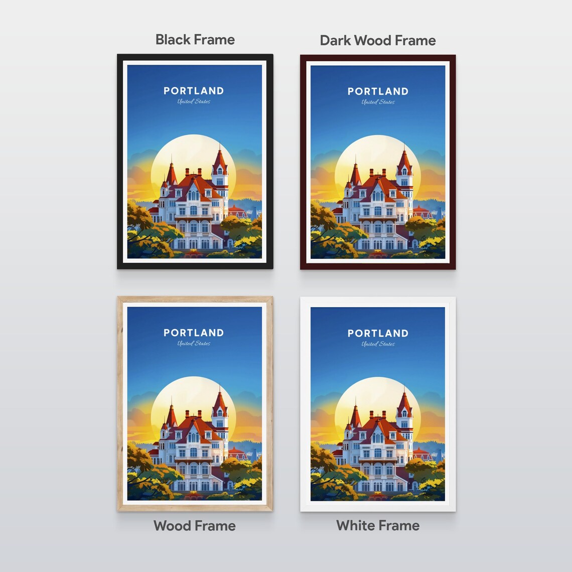 Portland Historic Chateau Mansion Glowing at Sunset Travel Poster - Image 2