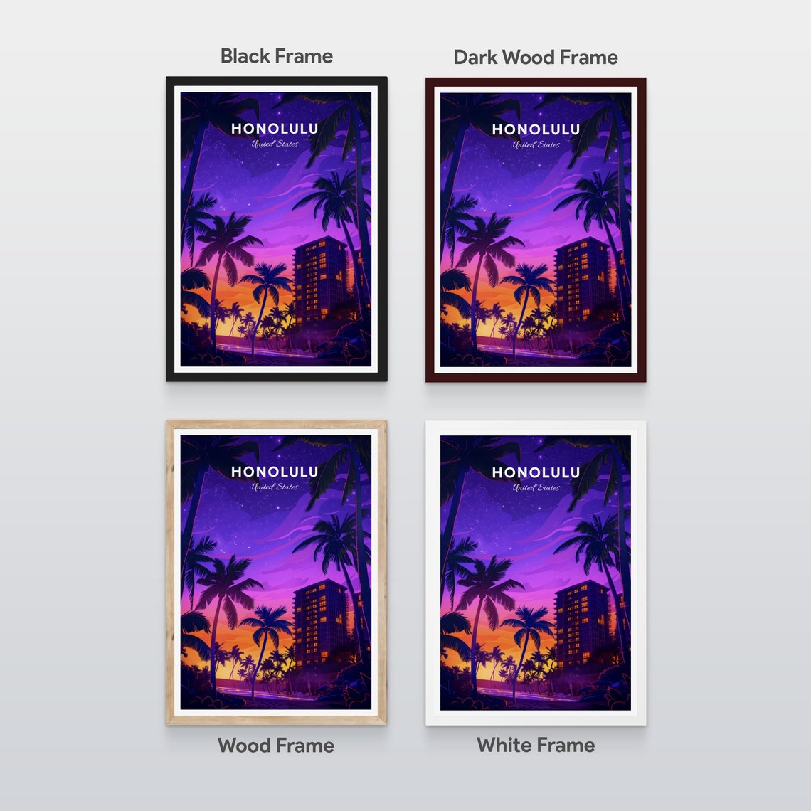 Honolulu Palm Trees at Night Over the Glowing Beach Resort Poster - Image 2