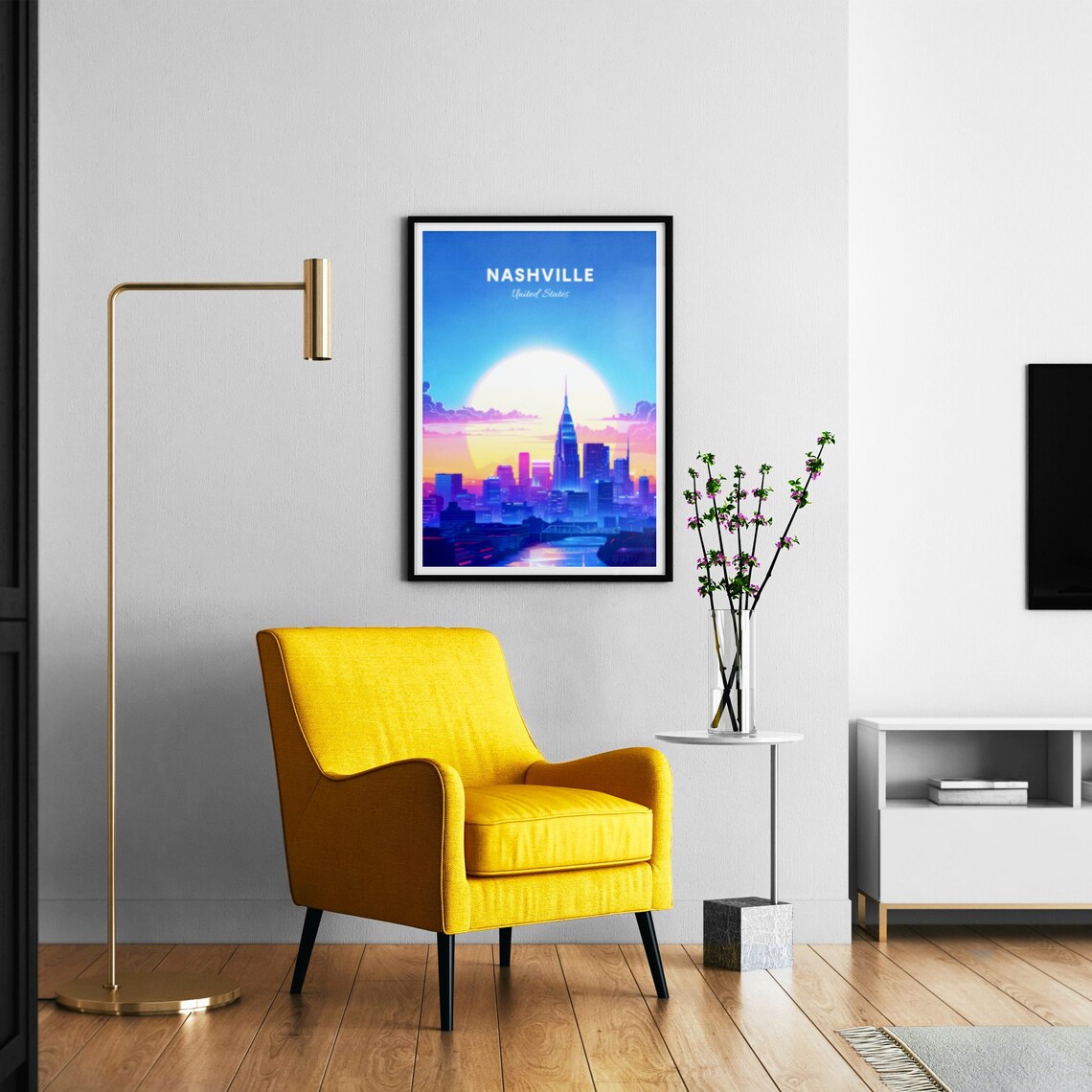 Nashville Tennessee Skyline River Bridge Sunset Travel Art Poster - Image 3