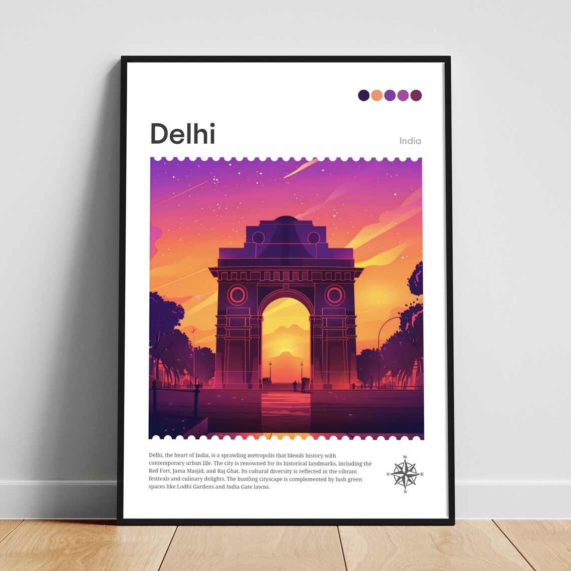 Delhi India Gate Sunset Purple Sky Landmark Travel Poster Art