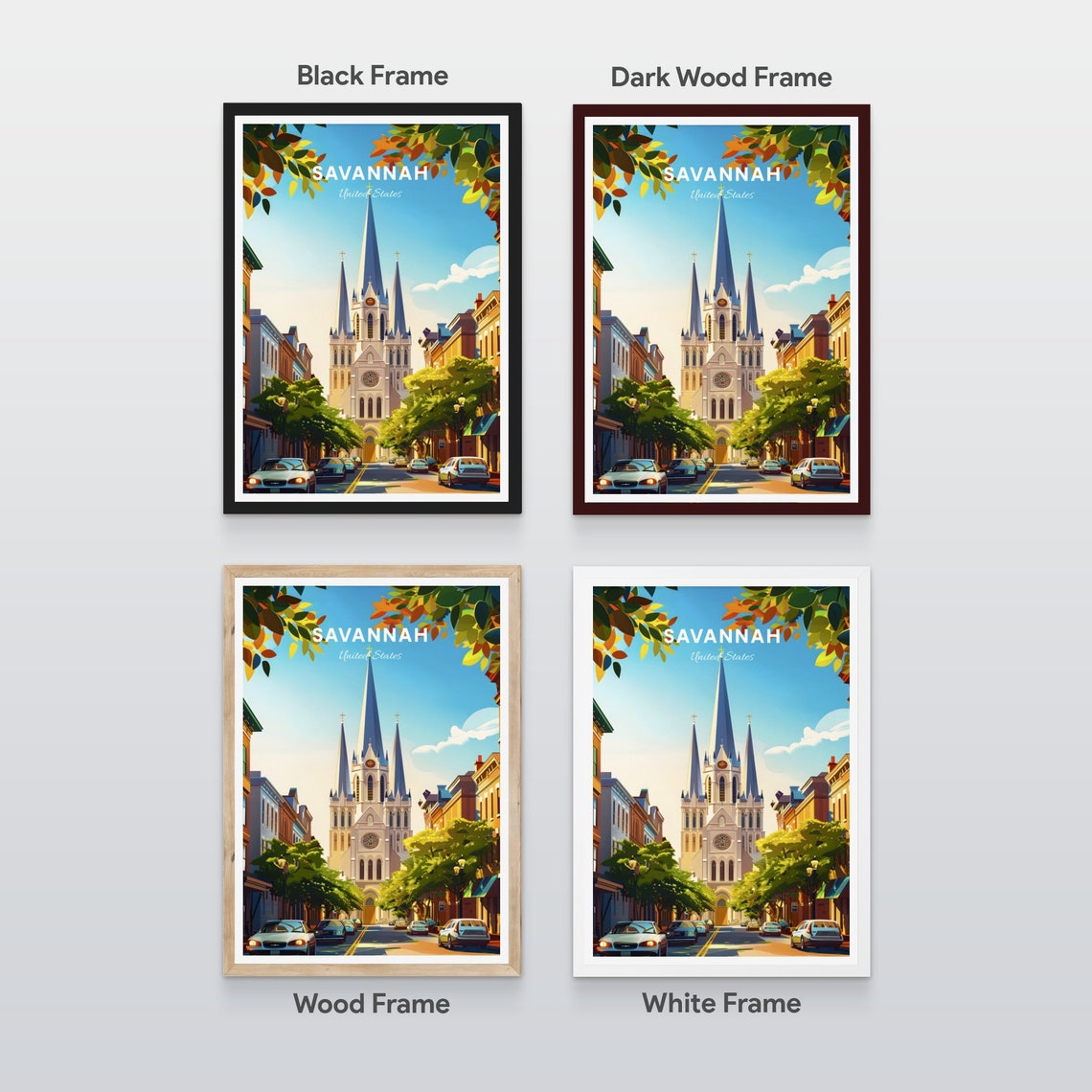 Savannah Georgia Historic Cathedral Street Tree Lined View Poster - Image 2
