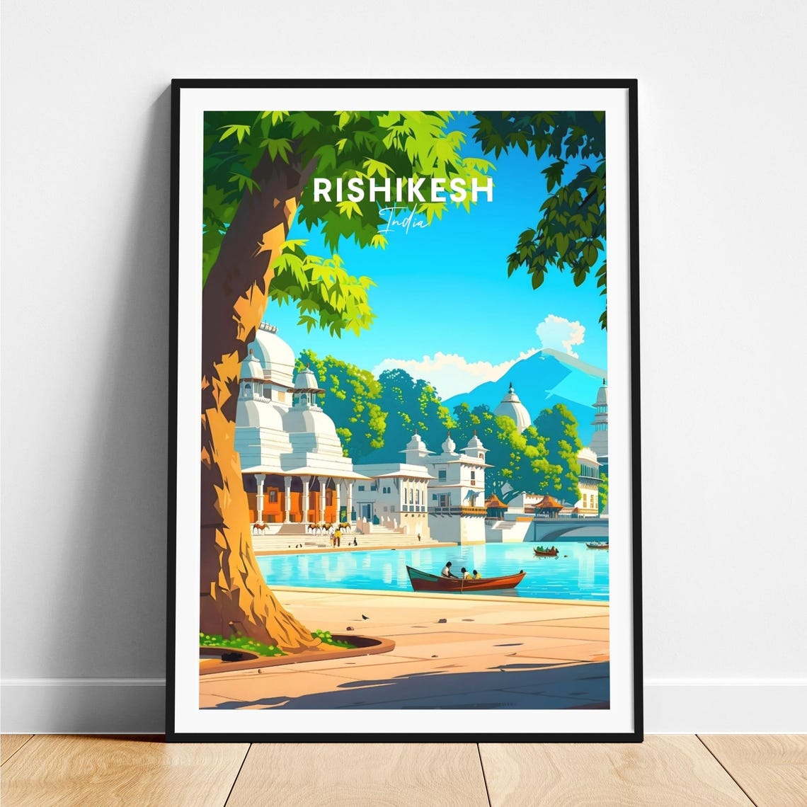 Rishikesh India Riverside Temples with Boat and Banyan Tree Poster