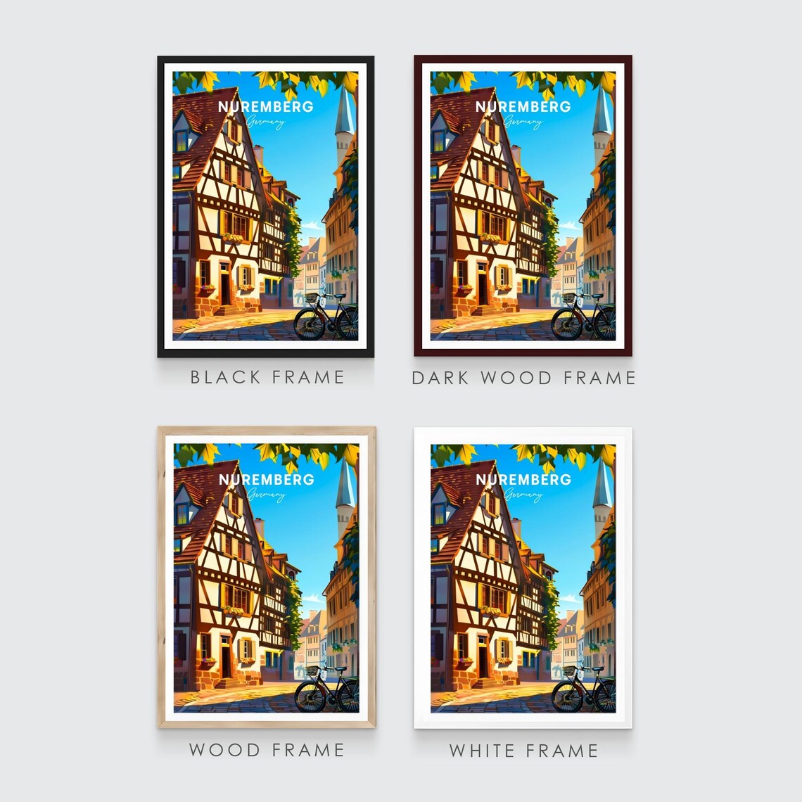 Nuremberg Half Timbered Old Town Street Bicycle Travel Poster - Image 3
