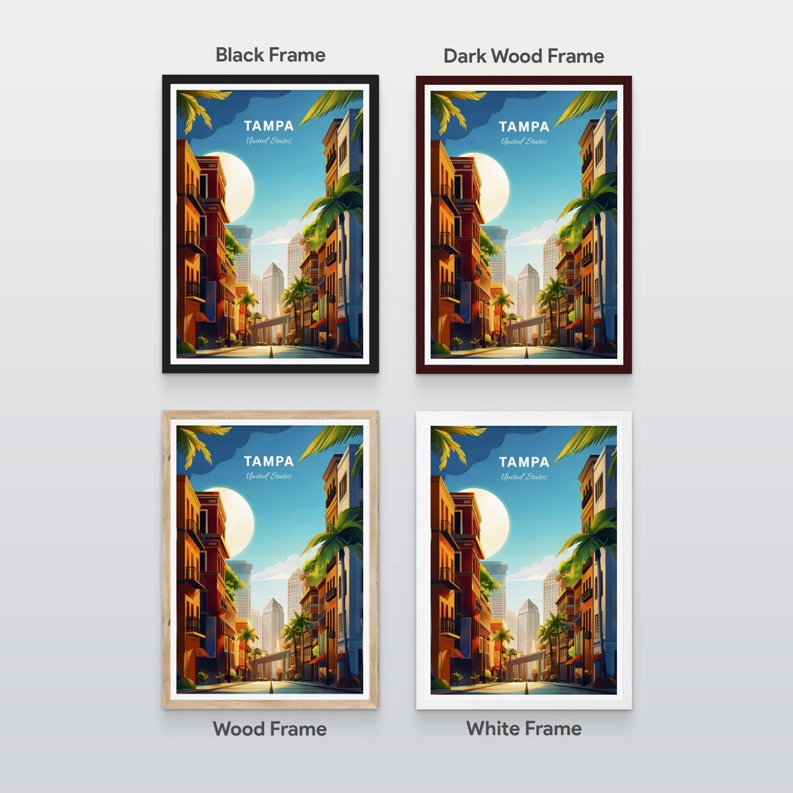 Tampa Florida Historic Downtown Street Palm Trees Moon Travel Poster - Image 2
