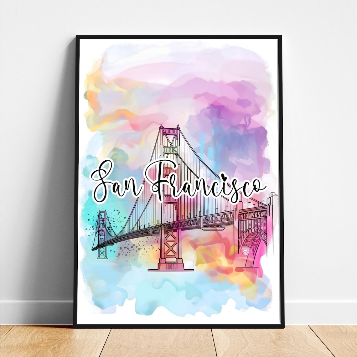 San Francisco Golden Gate Bridge Watercolor Script Travel Poster