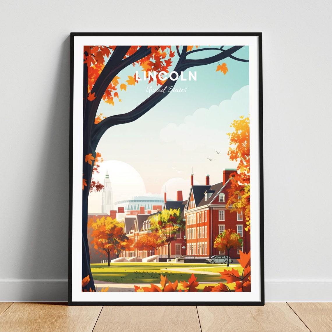 Lincoln United States Autumn Campus Brick Buildings Maple Tree Poster