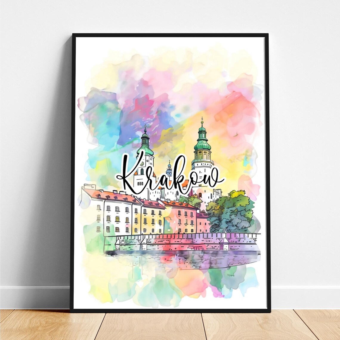 Krakow Poland Riverside Castle Towers Watercolor Travel Poster