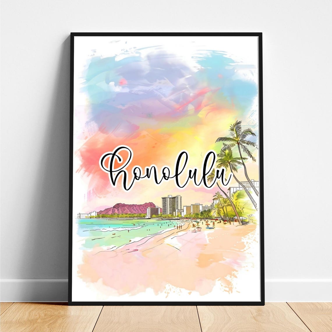 Honolulu Waikiki Beach Watercolor Palms Diamond Head Sunset Art Poster