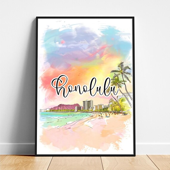 Honolulu Waikiki Beach Watercolor Palms Diamond Head Sunset Art Poster