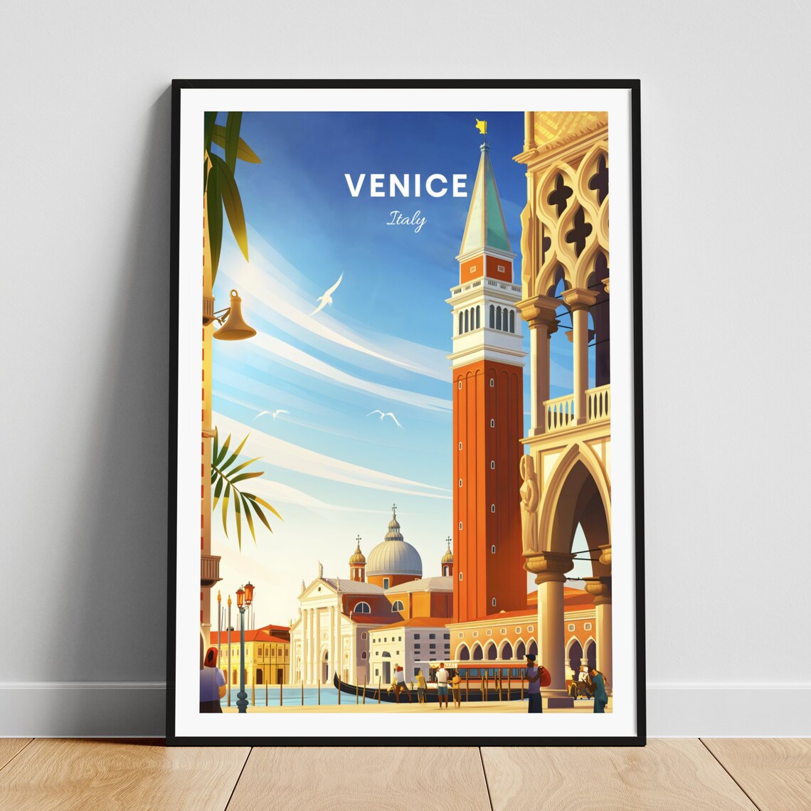 Venice Italy Grand Canal Gondolas Bell Tower Waterfront Travel Poster
