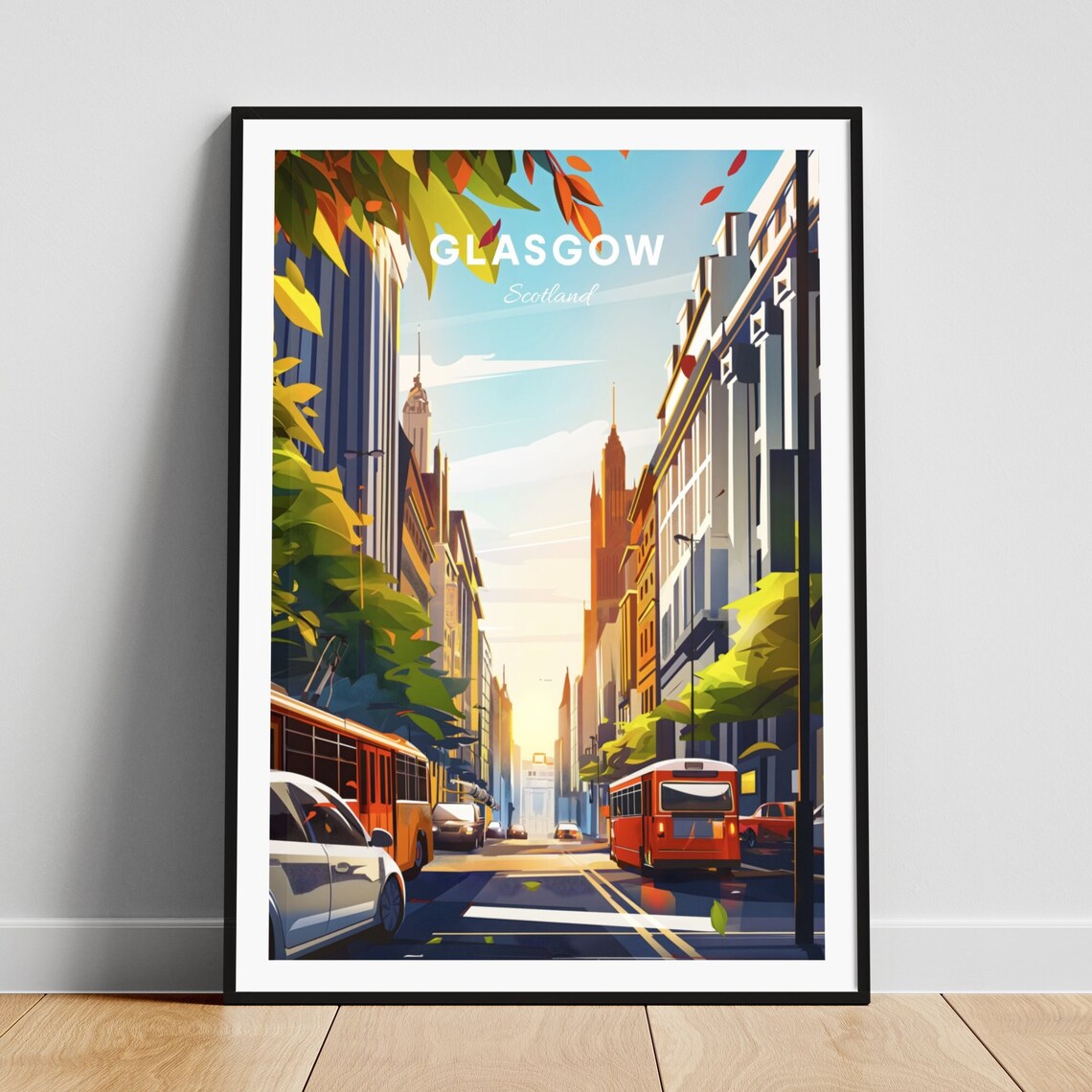 Glasgow Scotland City Street Buses Autumn Leaves Travel Poster