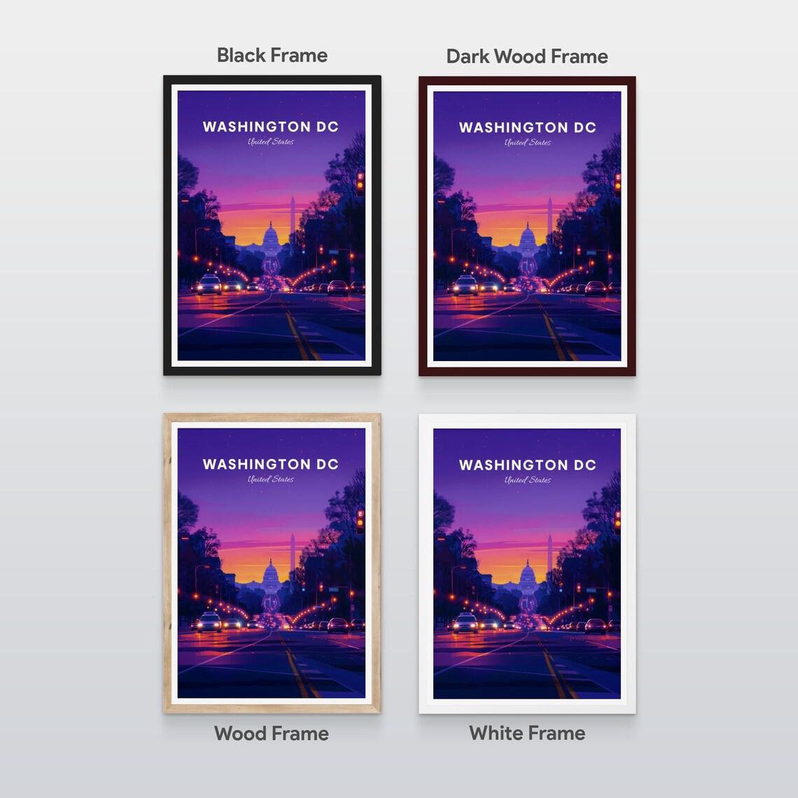 Washington DC Capitol Street Night Neon Sunset Travel Poster - Image 2