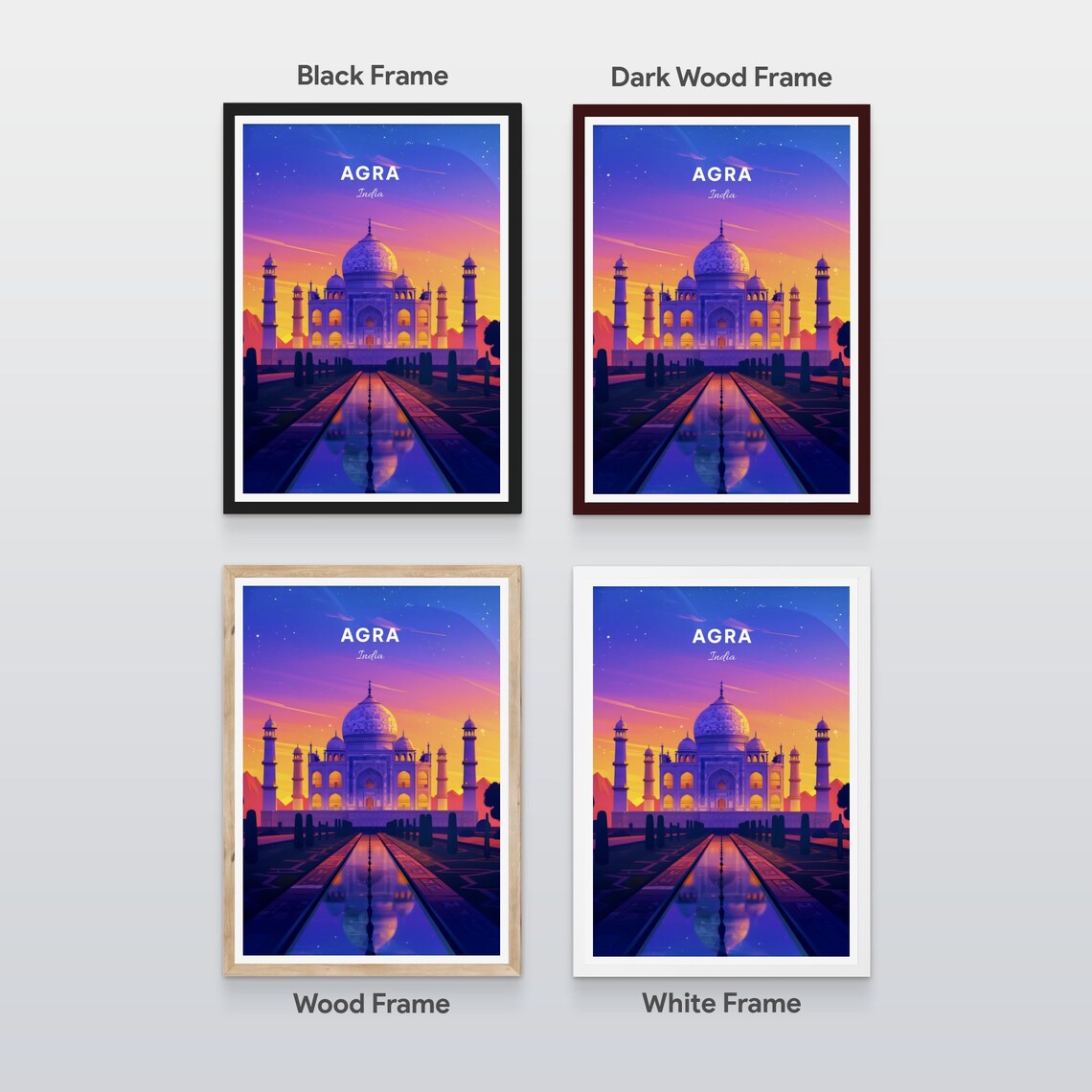 Agra Taj Mahal Sunset Reflection Pool Purple Sky Travel Poster - Image 2