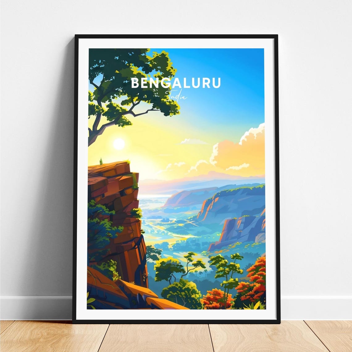 Bengaluru India Mountain Cliff Sunset Valley Overlook Travel Poster