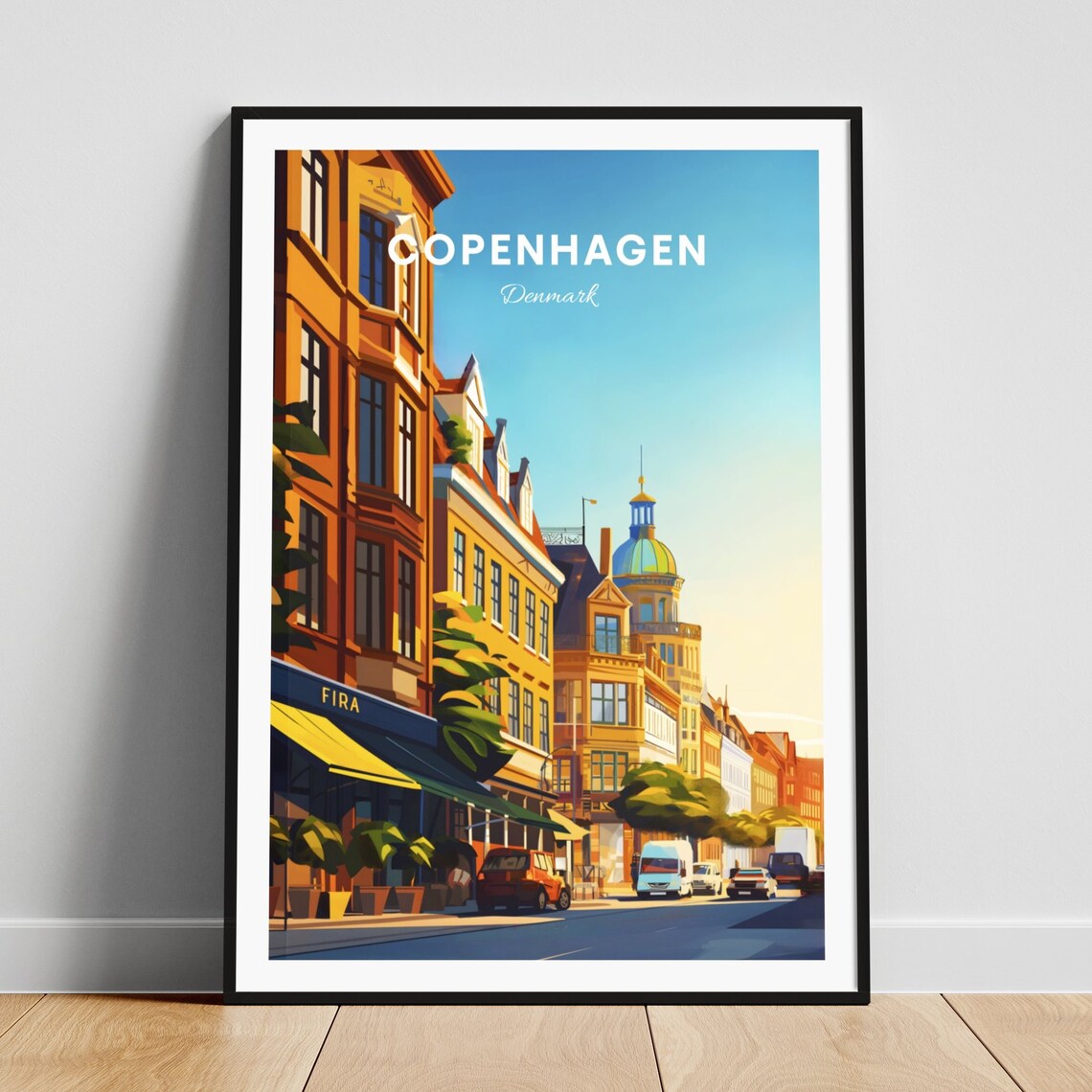 Copenhagen Denmark Sunny Street Ochre Buildings Cupola Travel Poster