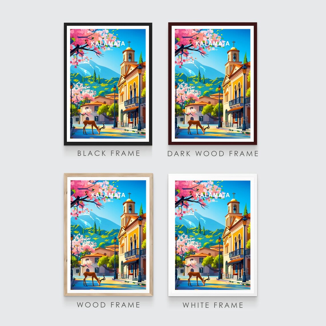 Kalamata Greece Deer Grazing Old Town Church Blossom Travel Poster - Image 3