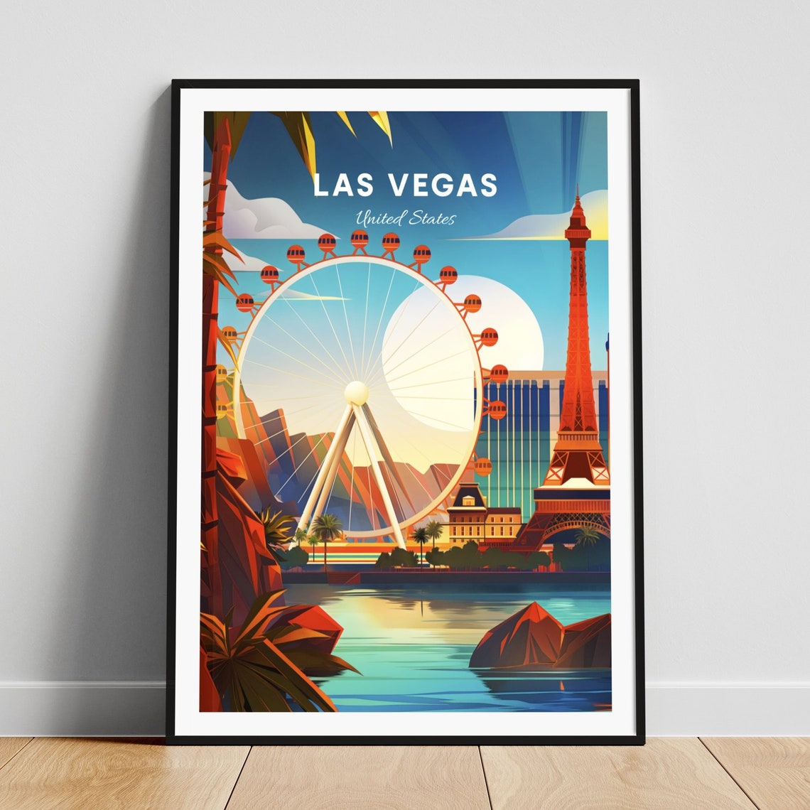 Las Vegas Nevada Ferris Wheel Eiffel Tower Sunset Retro Poster