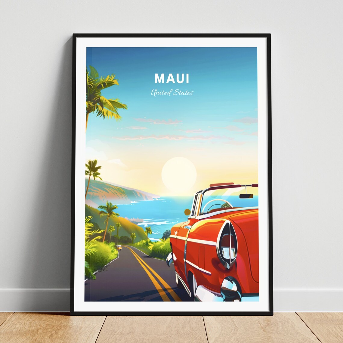 Maui Hawaii Red Classic Convertible Coastal Road Travel Poster