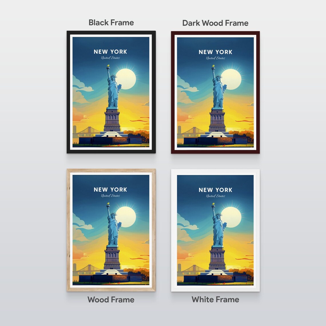 New York Statue of Liberty Sunset Bridge Sky Vintage Travel Poster - Image 2