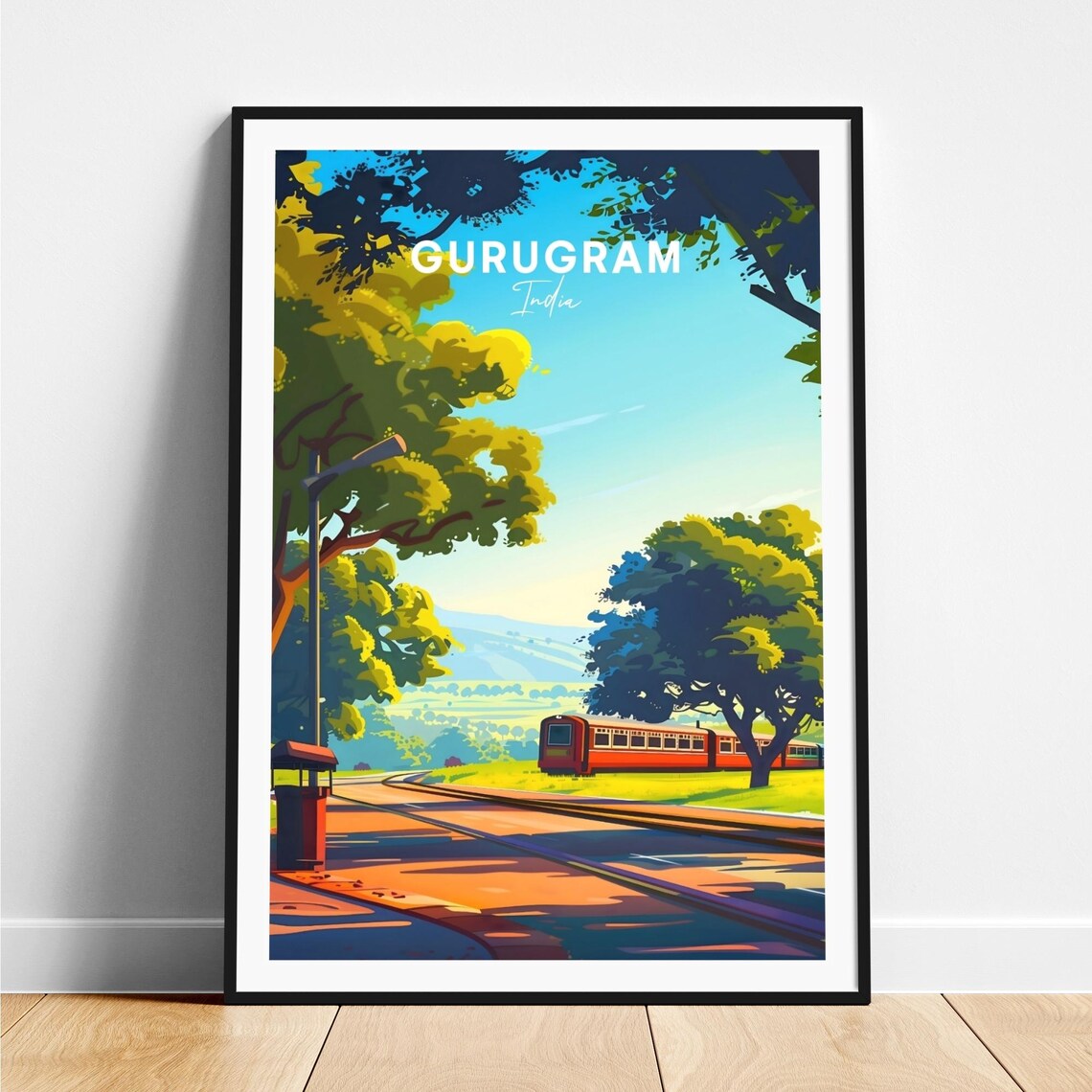 Gurugram India Little Red Train Station Green Hills Travel Poster