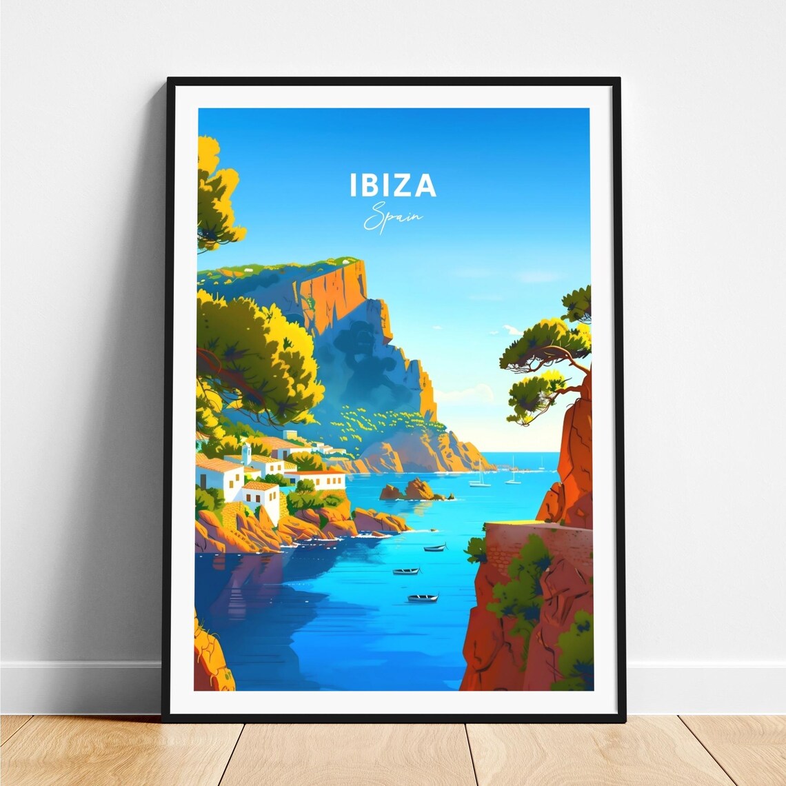 Ibiza Spain Sunny White Cliffside Village Turquoise Cove Poster