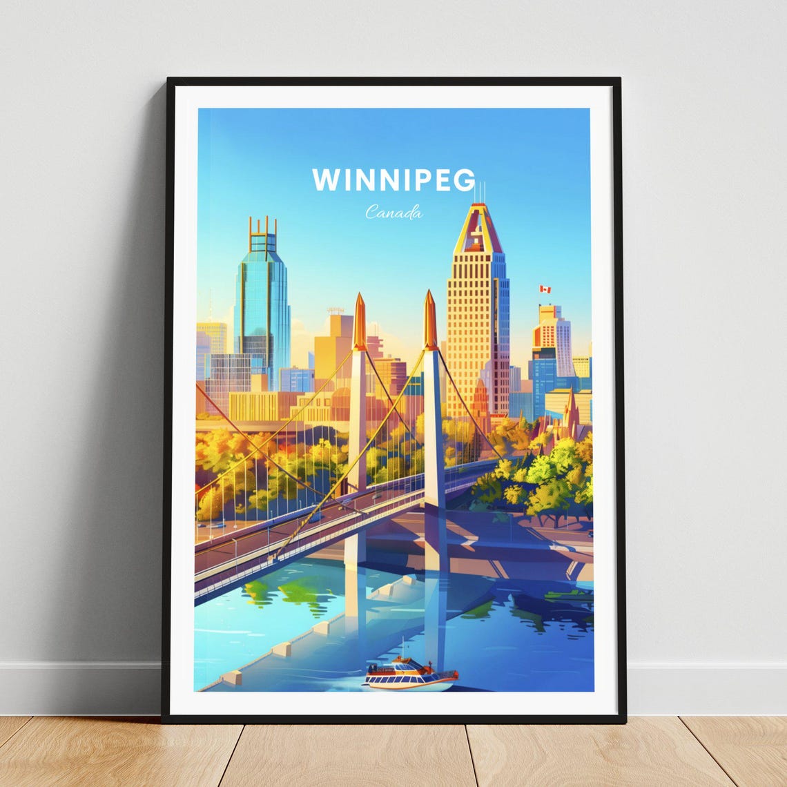 Winnipeg Canada Cable Stayed Bridge City Skyline River Travel Poster