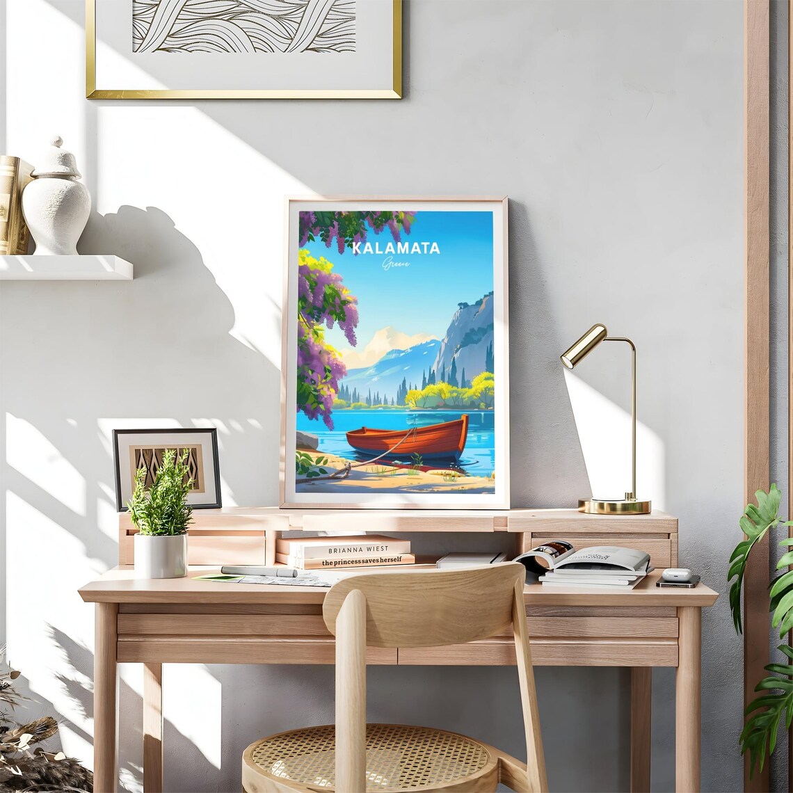 Kalamata Greece Wisteria Boat Mountain Lake Day Travel Poster - Image 4