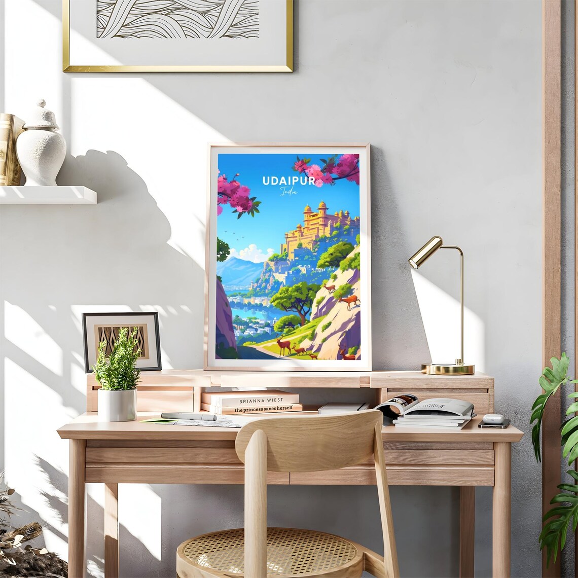 Udaipur Hilltop Palace Lake Deer Blossoms India Travel Poster - Image 4