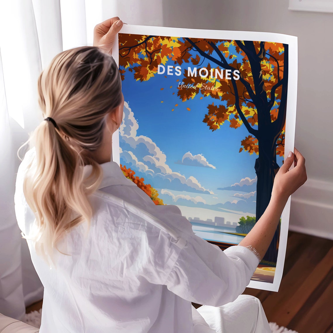 Des Moines Lakeside Park Autumn Foliage Bench View Travel Poster - Image 3