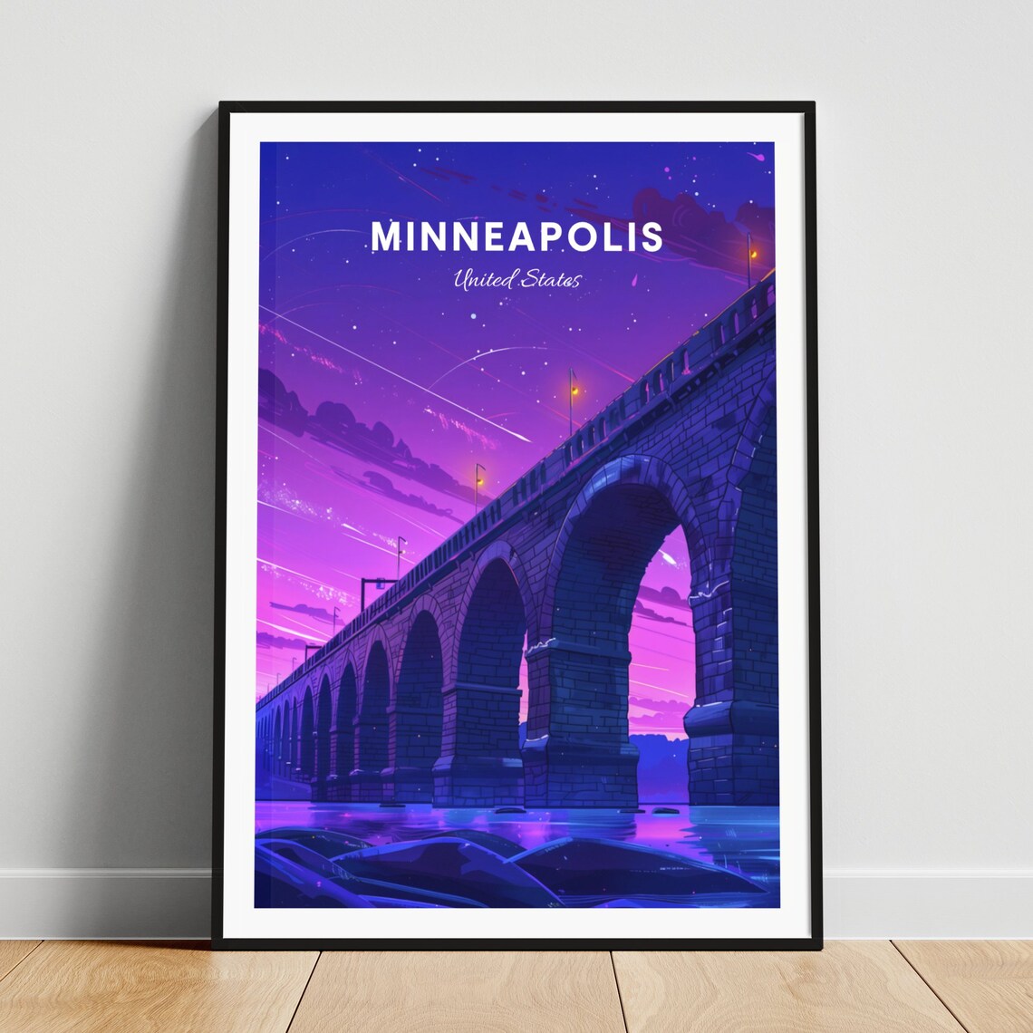 Minneapolis Minnesota Stone Arch Bridge Night Skyline Travel Poster