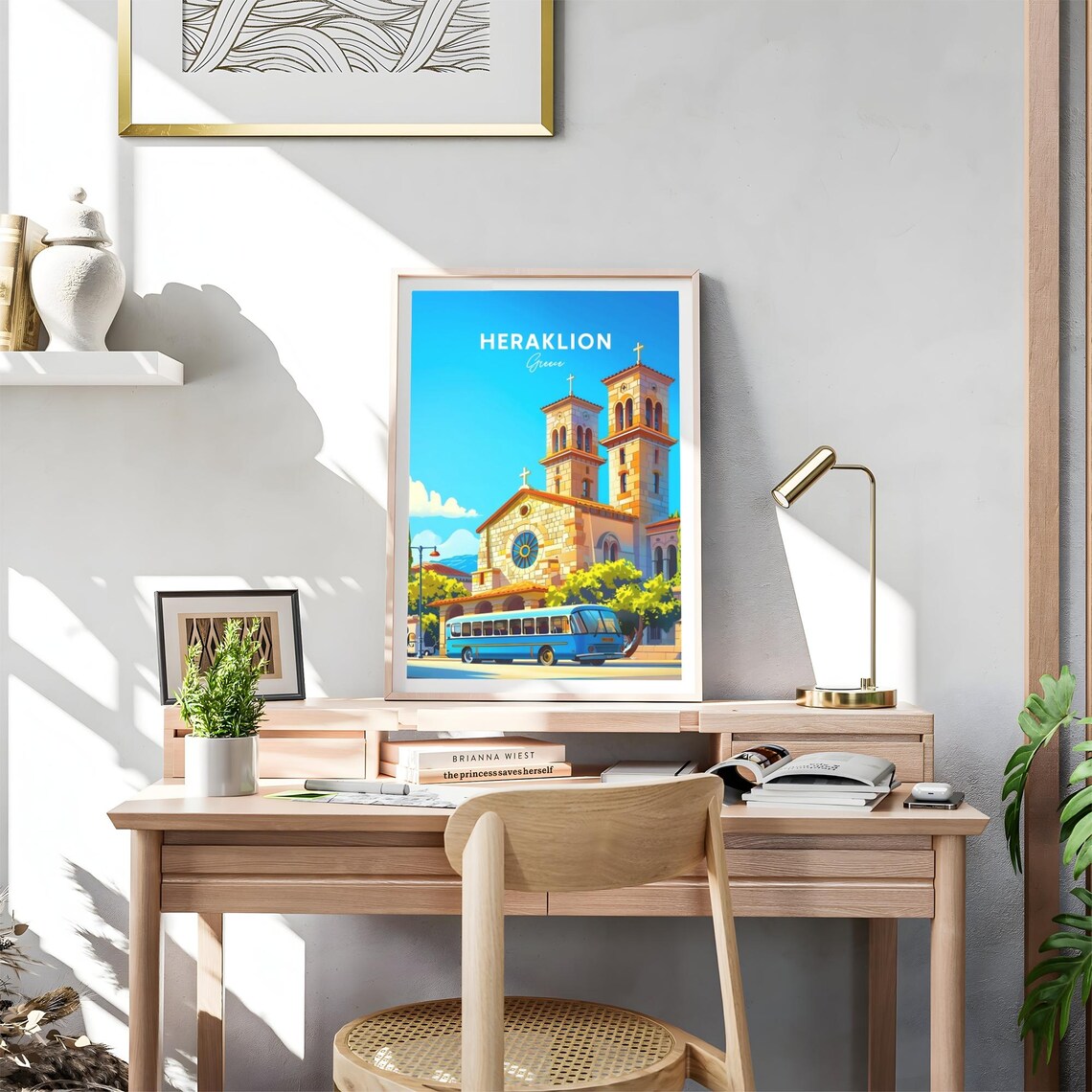 Heraklion Greece Church Twin Towers Blue Bus City Travel Poster - Image 4