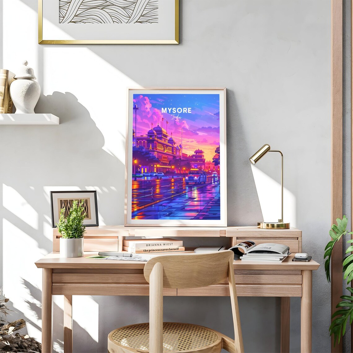 Vibrant Mysore India Palace at Neon Sunset on Rainy Street Poster - Image 4